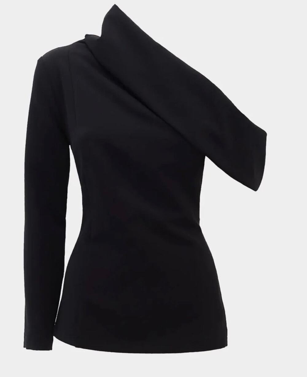 Julia Allert Size XL Cowl Neck One Shoulder Top Blouse Black Long Sleeve Stretch